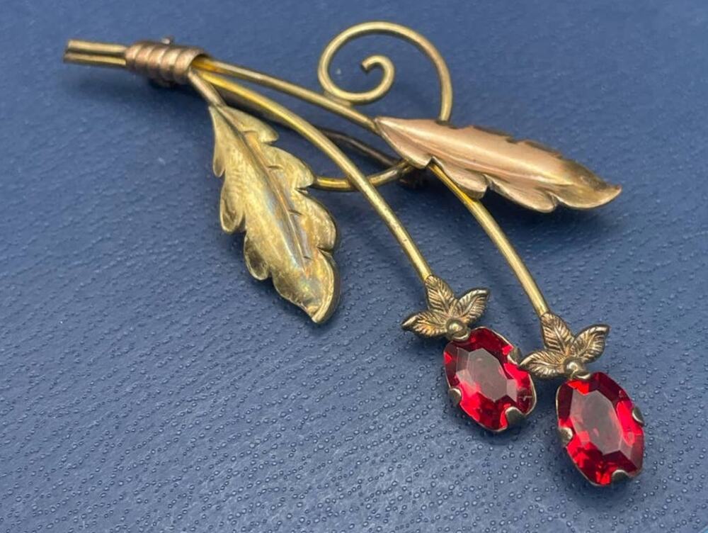 Van Dell 12K Gold Filled Over Sterling Pin 2.5" Red Flower Spray Brooch C Clasp